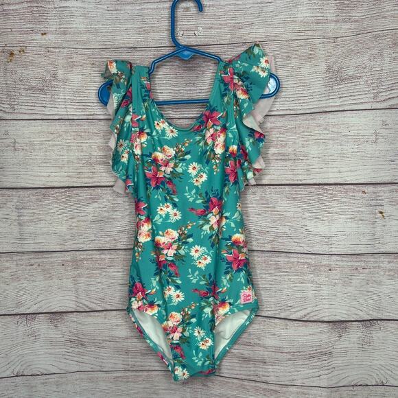 Ruffle Butts Girls Teal Fancy Me Floral Ruffle Bow One Piece Swimsuit Size 6 - Picture 9 of 9